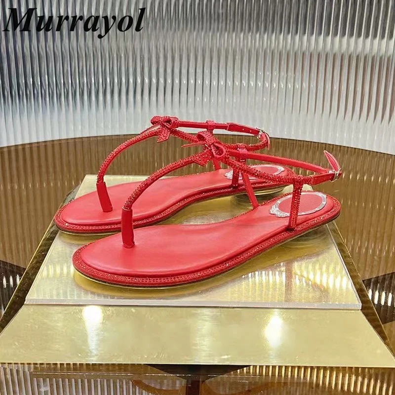 Butterfly-knot Rhinestone Decor Ankle Strap Sandals Women Pinch Toe Real Leather Flat Bottom Sandalias Summer Vacation Shoes