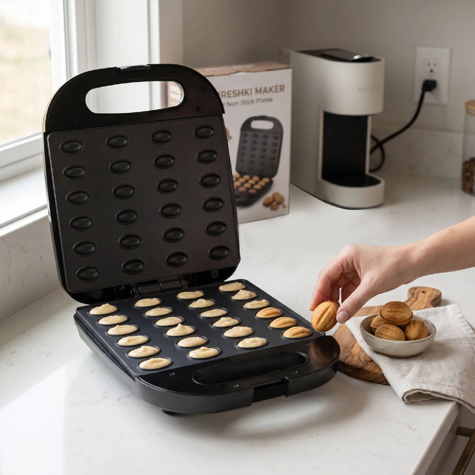 110V/220V Walnut Cookie Maker 1400W Fast Heating Nut Maker Large Capacity Nonstick Electric Walnut Cake Mould US/EU Plug