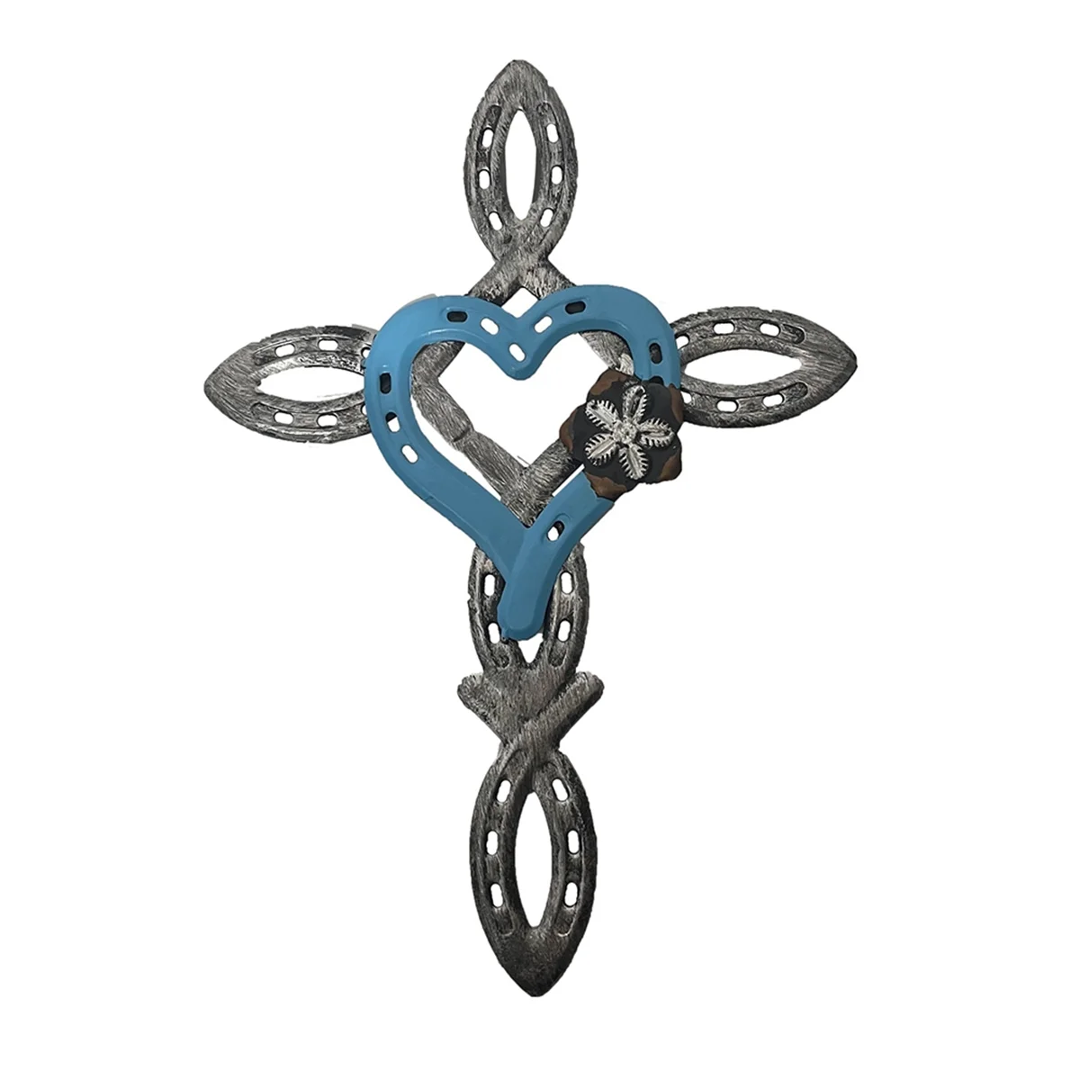 Natural Horseshoe Cross with Heart, Metal CAU30t Cross Horseshoe Heart Decor, Rustic Metal Cross Sign Spiritual Blue