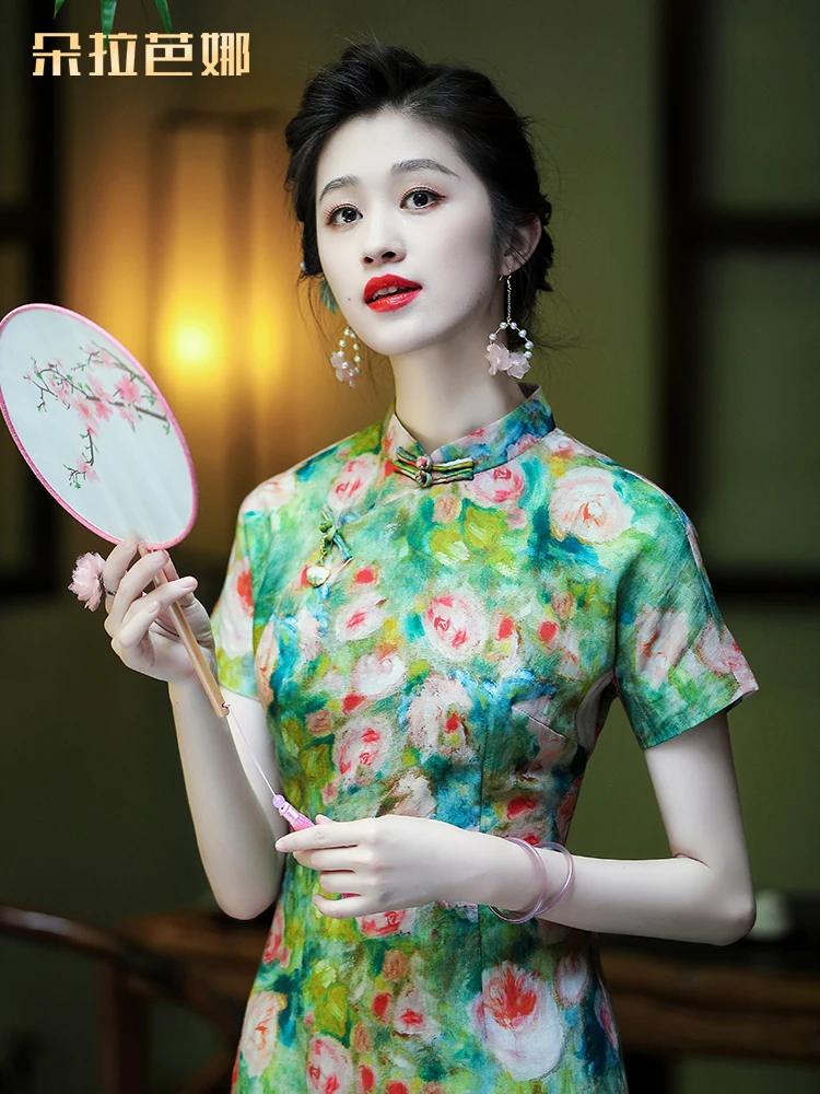 

Dorabana Ele een Silk Vintage Sle Women's Qipao Dr round Collar ort Sve Daily Wear Long Qipao