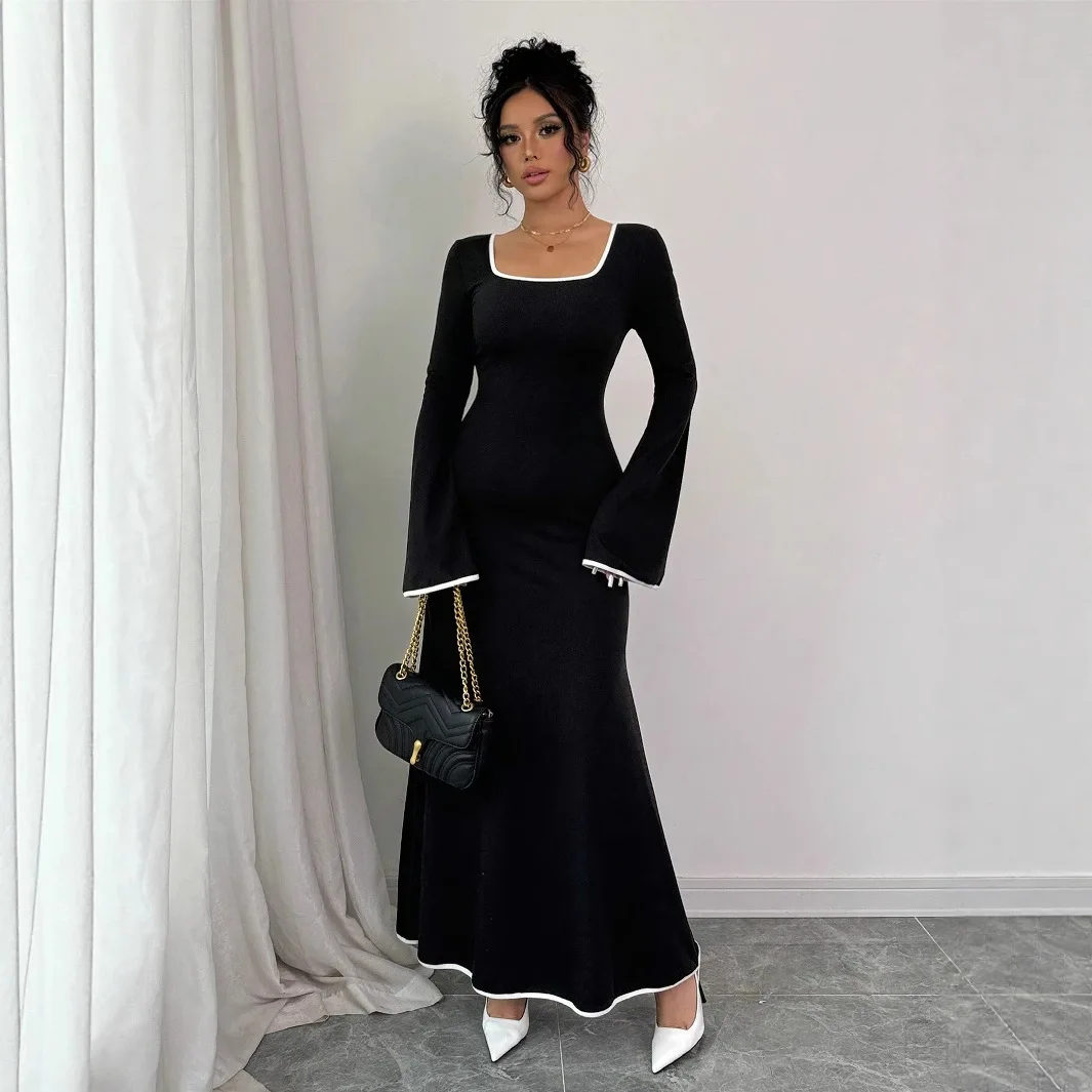 Ropa Para Mujer Elegant Square Neck Midi Dress Women, Contrast Binding Ribbed Knit Bodycon Dress, Slim Fit Cocktail Party Dress