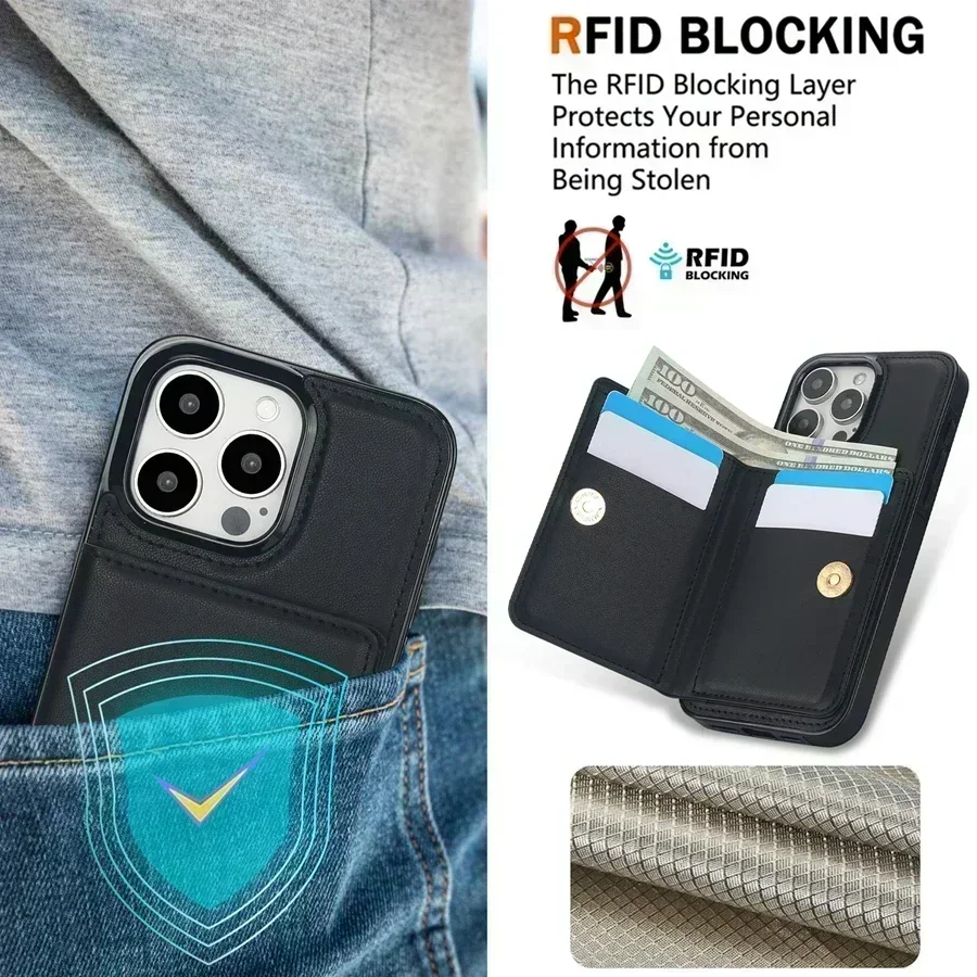 Sarung kulit dompet penghalang RFID, Slot kartu lipat magnetis 360 ° untuk iPhone 15 Pro Max 14 Plus 13 Mini 12 11 XS XR 8 7