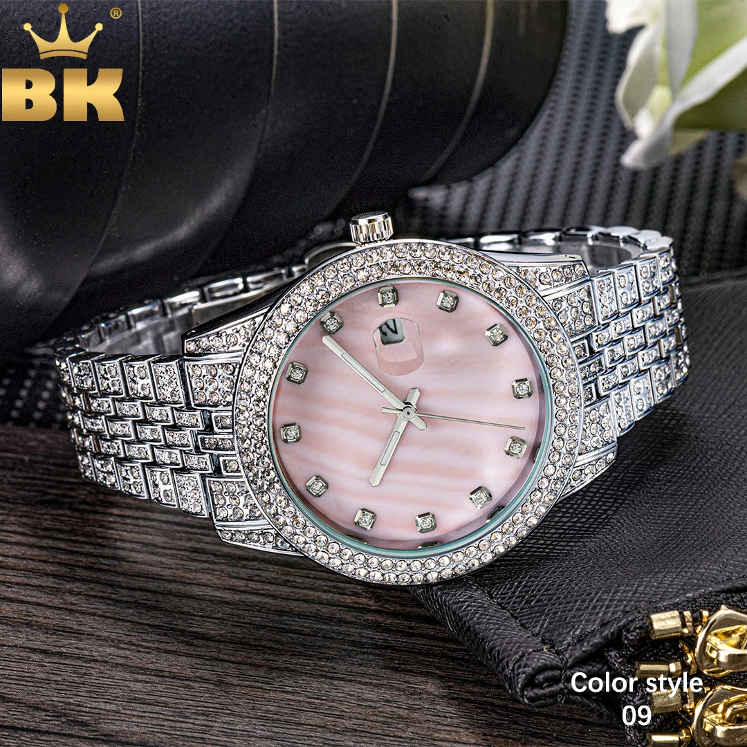 TBTK Mother of Pearl Pink Dial Full Iced Out Two Tone Quartz Clock Business Waterproof Watches For Women Girl