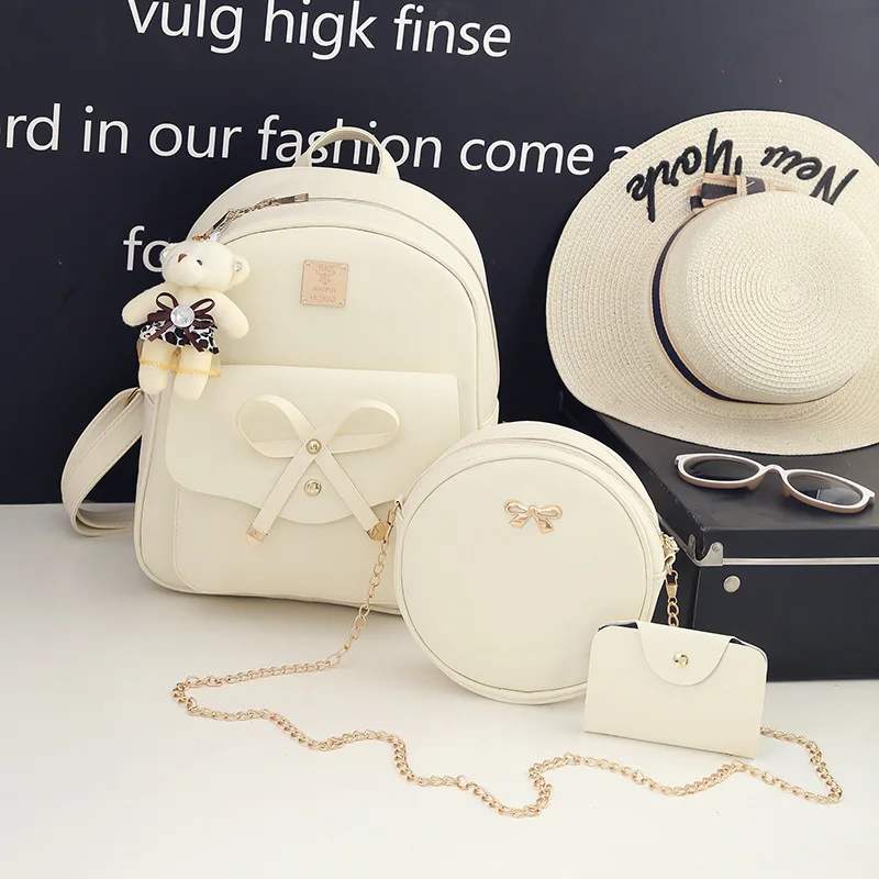 3Pcs Women PU Backpack Set Bow Decor School Bag with Round Crossbody Purse Card Holder Cute Bear Pendant Student Rucksack