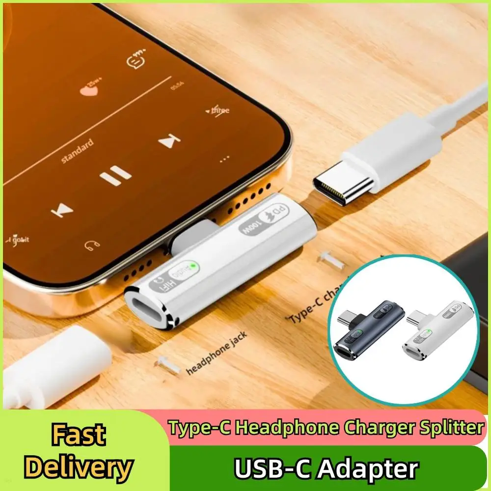 Audio y cargador de auriculares USB C, adaptador 2 en 1, divisor de cargador de auriculares tipo C de 90 grados con carga rápida PD 100W