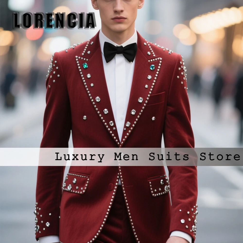 

Glitter Jewelry Suits for Men 2 Pieces Single Breasted Tuxedos Evening Party Outfits Customized Jacket Pants roupas masculinas