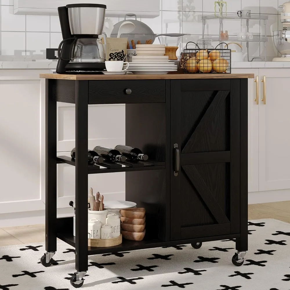 

Kitchen Island Cart with Storage, Farmhouse Rolling Portable Bar cart with Wine Rack,Small Islands Cart on Wheels for Kitchen