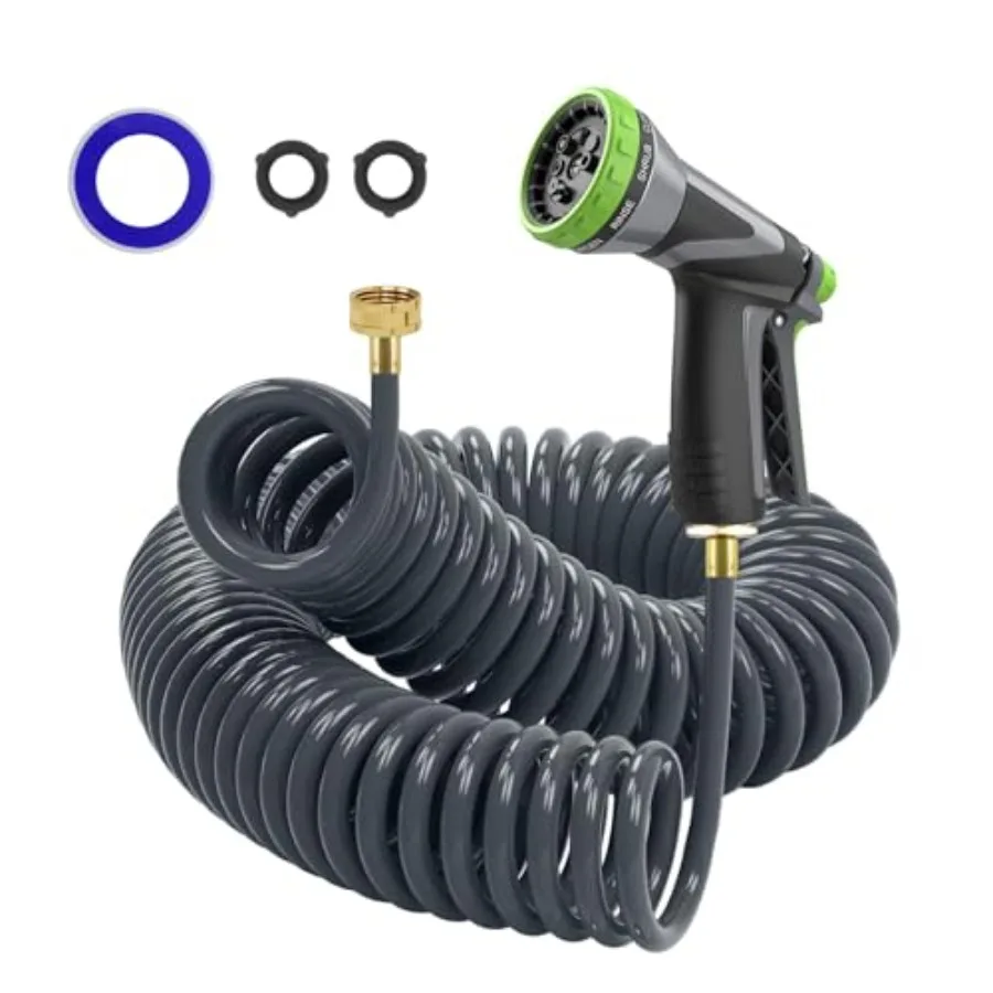 

Coil Hose, 3/8" EVA Coil Garden Hose 75 Feet, Curly Water Hose Lightweight with Brass Connectors, Recoil Garden Hose Includes 8