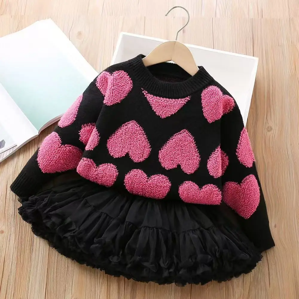 

Girls' Sweater Set Autumn/Winter New Korean Style Love Particle Velvet Knitted Set Head Tutu Skirt Two Piece Set