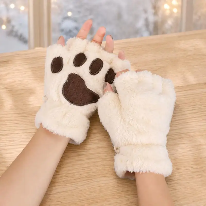 Winter Warm Cat Paw Plush Gloves Soft Fleece Lined Half Finger Mittens Cute Animal Paw Fingerless Gloves Novelty Gift