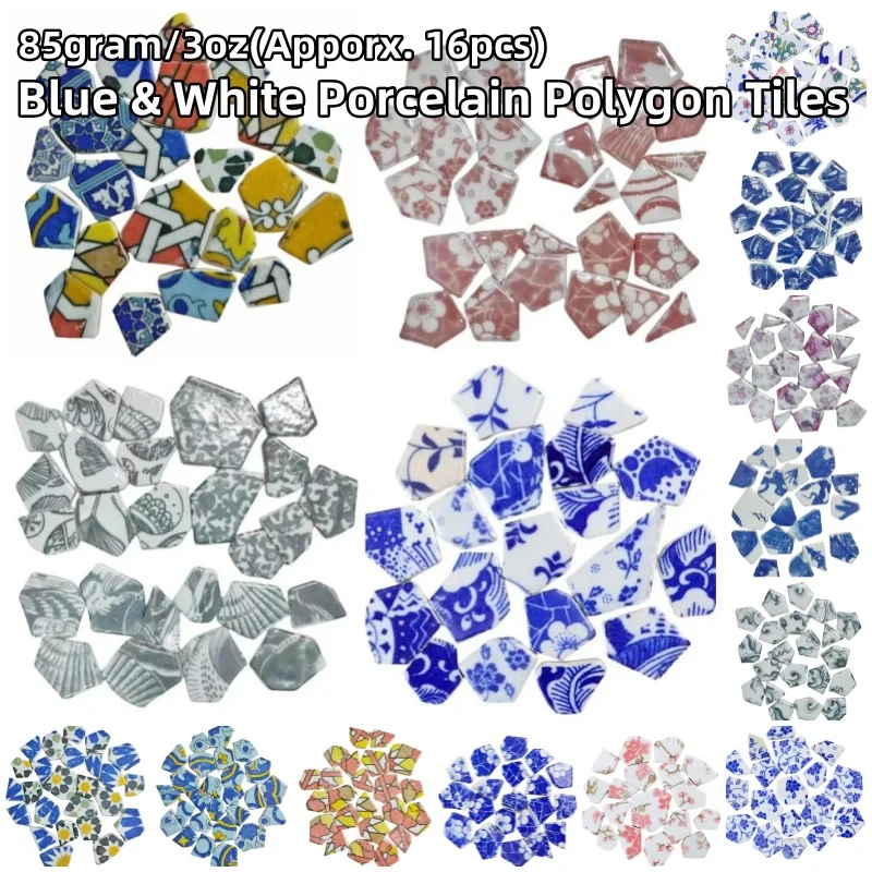 85gram/3oz(Apporx. 16pcs) Blue and White Porcelain Polygon Mosaic Tiles Multi Type Ceramic Irregular Tile 3~6cm/1.2~2.4in Size