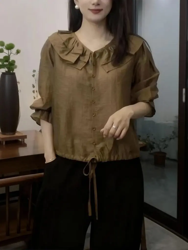 Drawstring Ruffle Elegant Crew Neck Button Up Shirt Women Cotton Long Sleeve Loose Casual Basic Blouse Middle Age Clothes