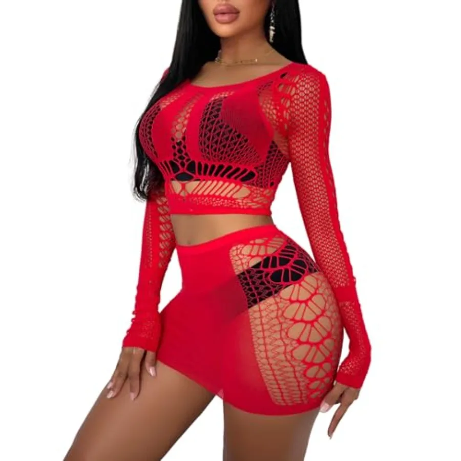 

Sexy Lingerie for Women Fishnet Babydoll Nightwear Exotic Top and Mini Skirt Set