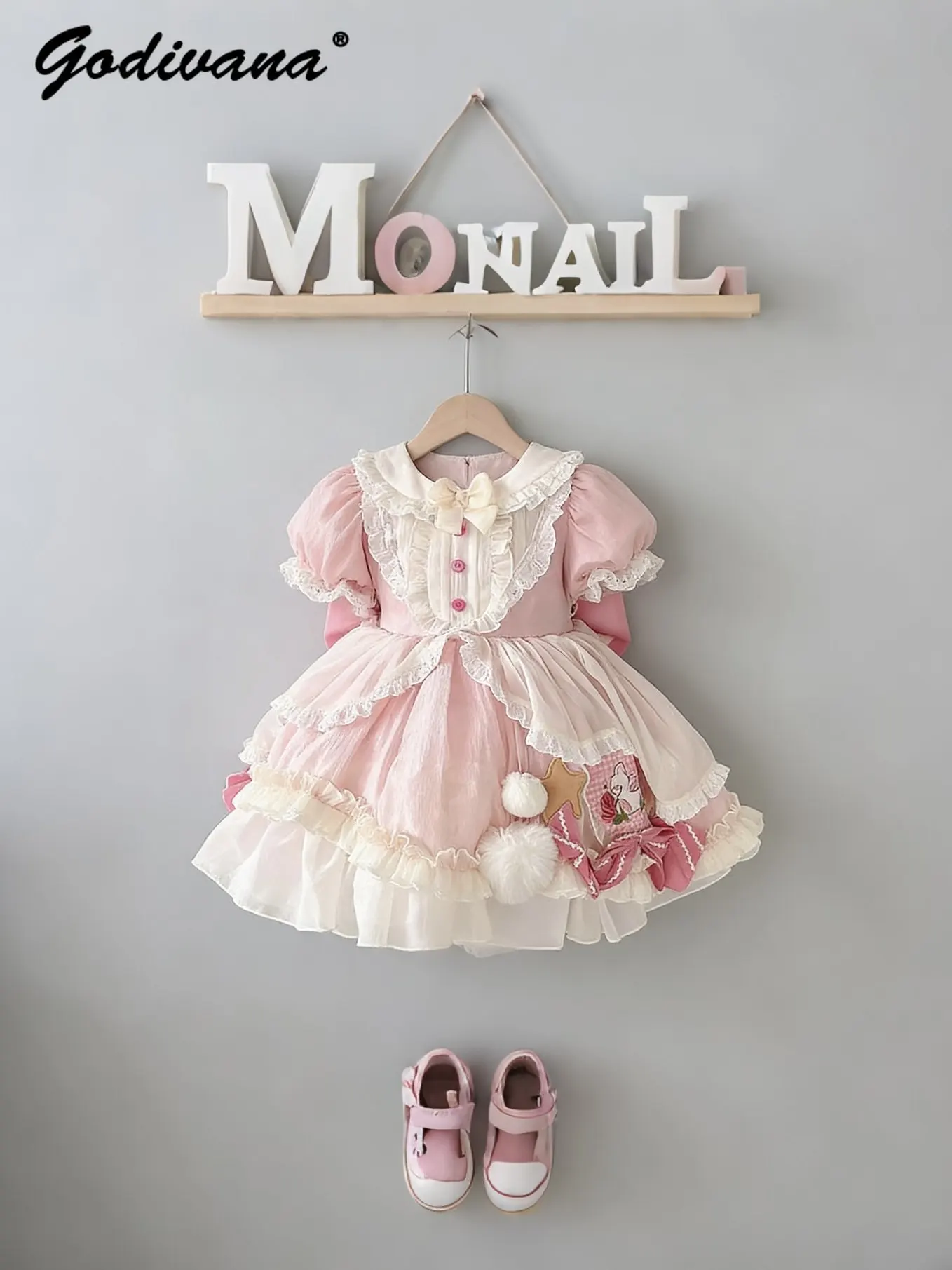

Baby Girls Sweet Pink Cute Lolita Dress New 2026 Summer Kids Lace Patchwork Ruffle Trim Puff Sleeve Bow Birthday Princess Gown