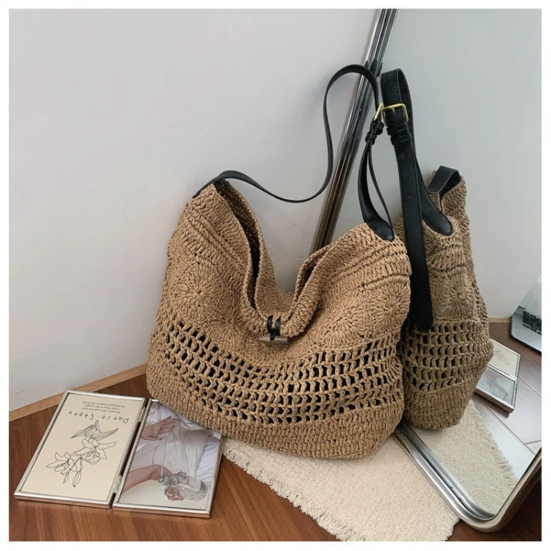 

Original Large Capacity Hook Knitted Straw Bag Hollow out Tote Bag Casual Travel Vacation Crossbody Bag Versatile Casual Match
