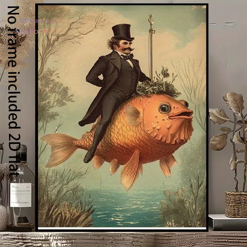 2D Flat, 2D Flat, 1pc of Decorative Canvas Art Featuring a Vintage Gentleman Riding a Goldfish, a Perfect Blend of Elegance A