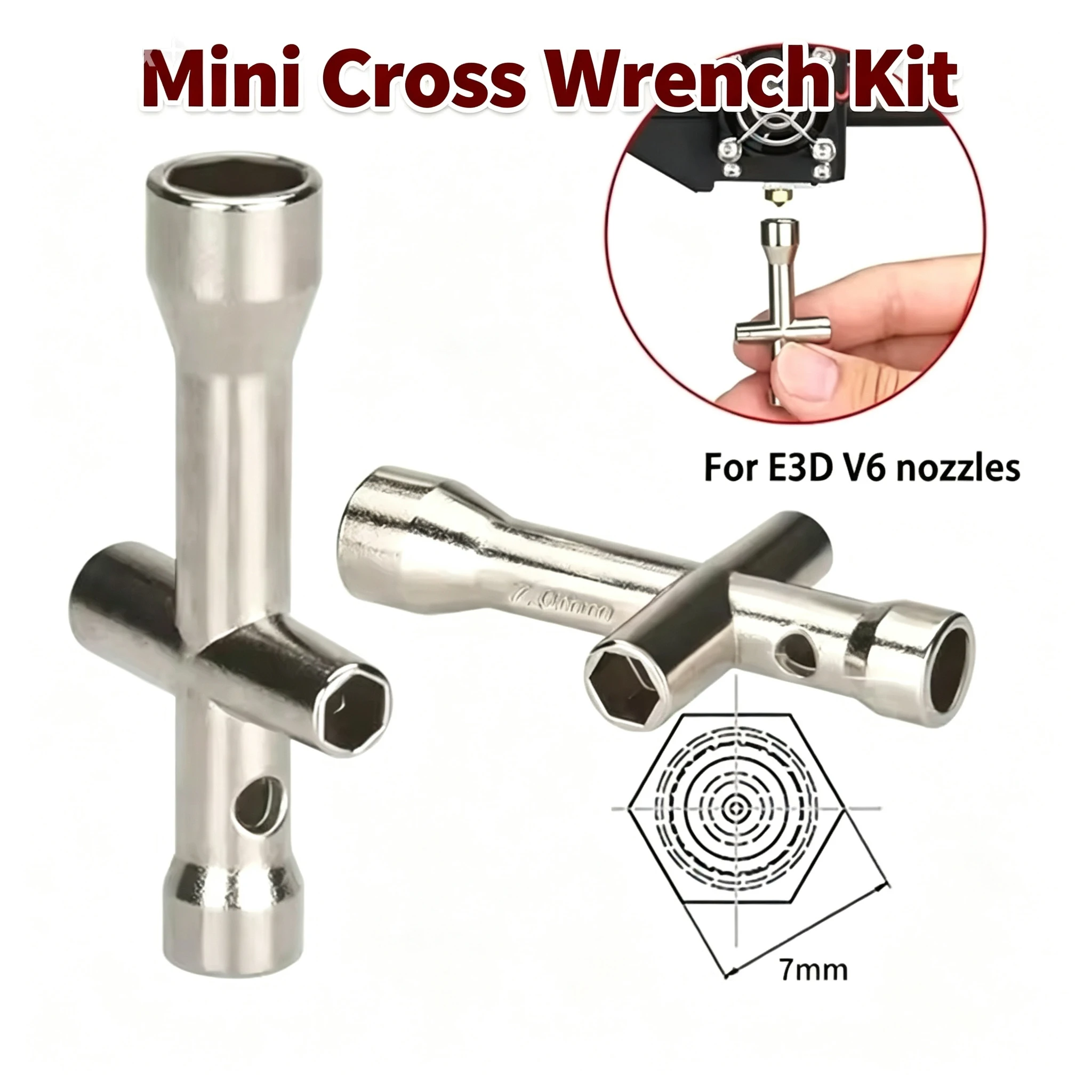 4 in 1 3D Printer Nozzle Tool Mini Cross Wrench Kit For E3D V5 V6 Bambu X1 X1C P1 P1P A1 Screw Nut Hexagon Socket M2 M2.5 M3 M4