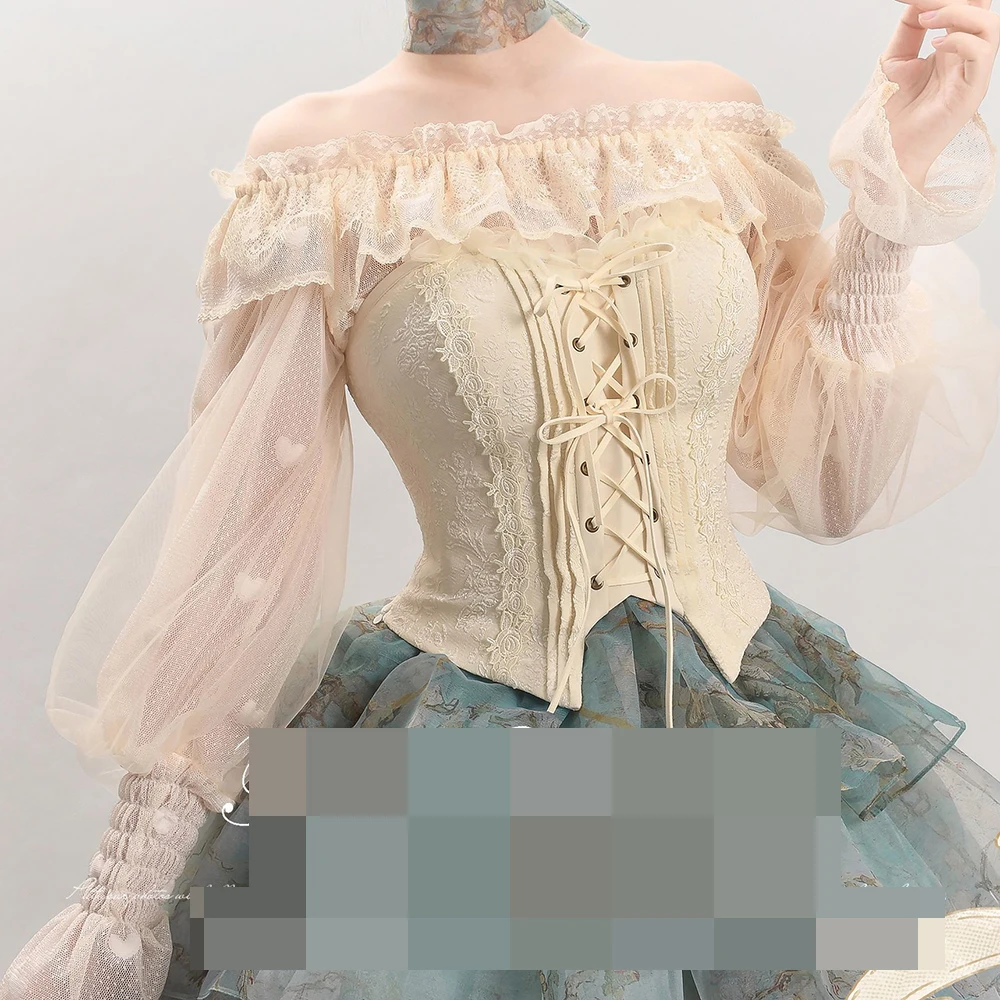 

Folded heart~ lolita square collar one-word shoulder retro sweet lamb leg sleeve ruffle edge primer mesh shirt inside