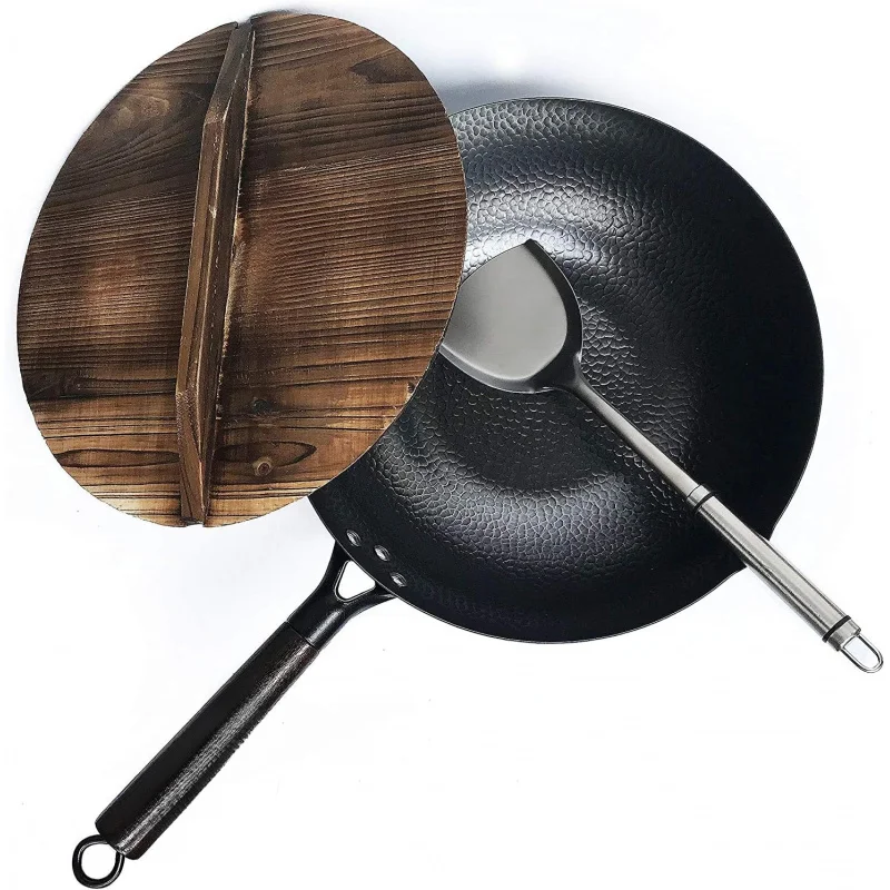 

12.5 Inch Carbon Steel Wok For Electric, Induction and Gas Stoves (Lid, Spatula and User Guide Video Included)