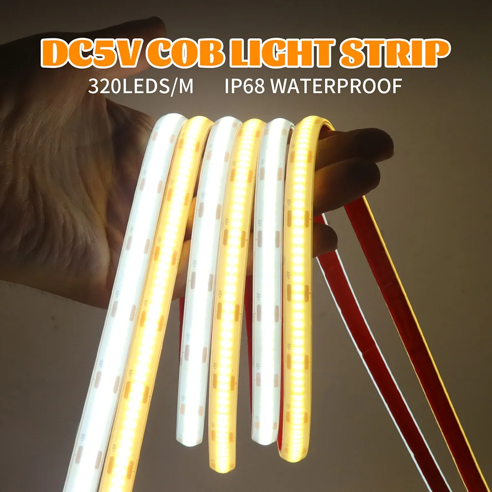 Tira de luces LED COB resistente al agua IP68, 5V, 12V, 24V, USB, 2 pines, silicona flexible alimentada por cable con adhesivo RA90 1m 2m 5m 0,5m 3000K blanco