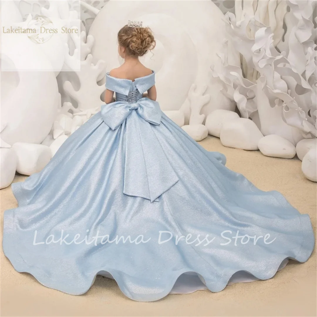 Flower Girl Dresses Sky Blue Satin With Big Bow Off Shoulder Long Skirt For Wedding Birthday Banquet Princess Gowns