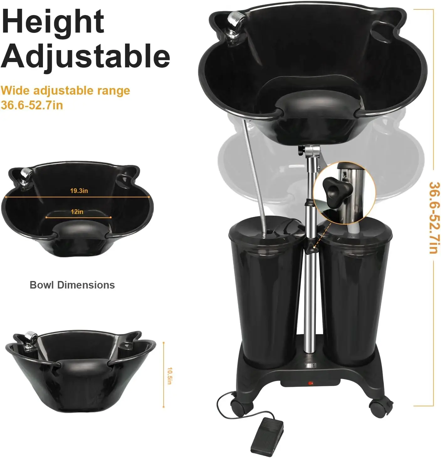 Professional Hospital Salon Furniture Hair Equipment Portable Shampoo Sink with Wheels 2 Barrels Hair Washbasin