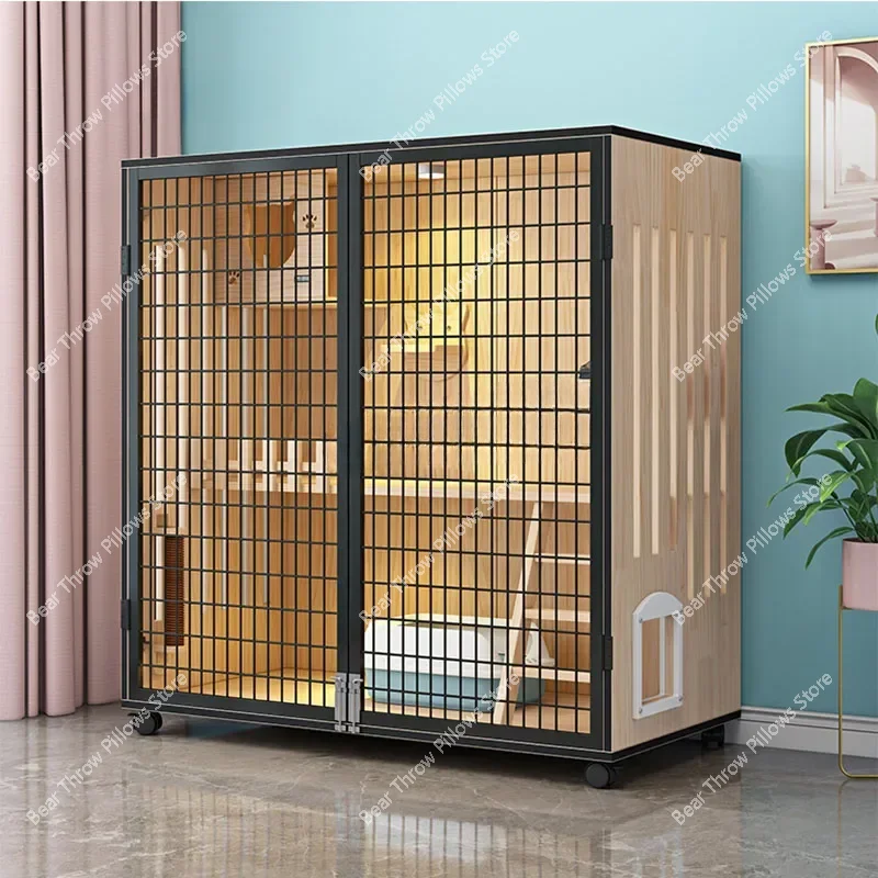 Household Solid Wood Cages Luxury Large Villa Waterproof House Pet Shop Panoramic Breeding Cage Indoor Cat Nest