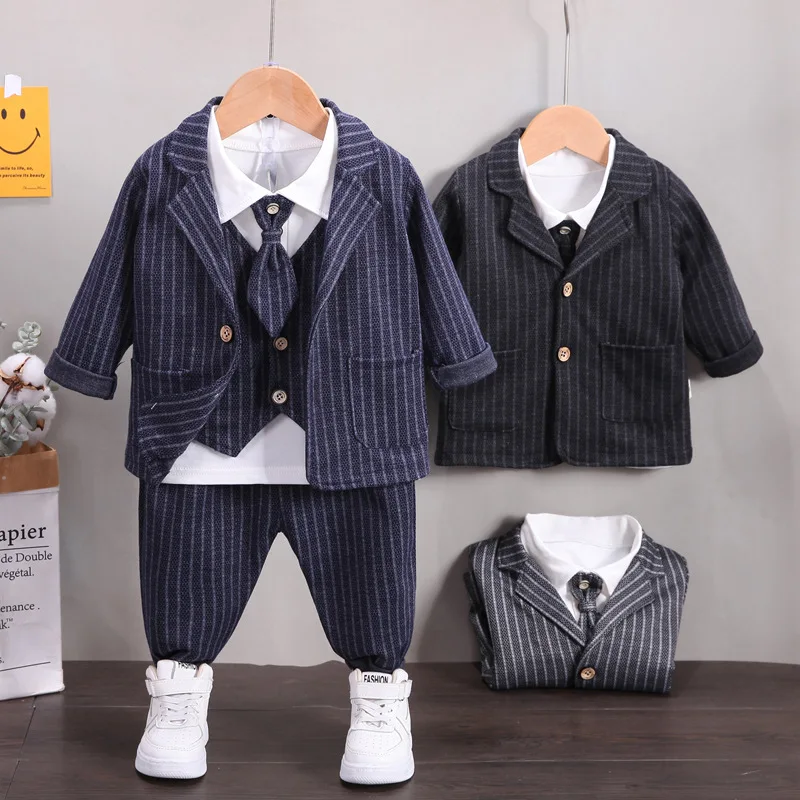 

2025 new children's solid color Plaid gentleman suit set boy's tie shirt trousers three piece set children's baby formal dress