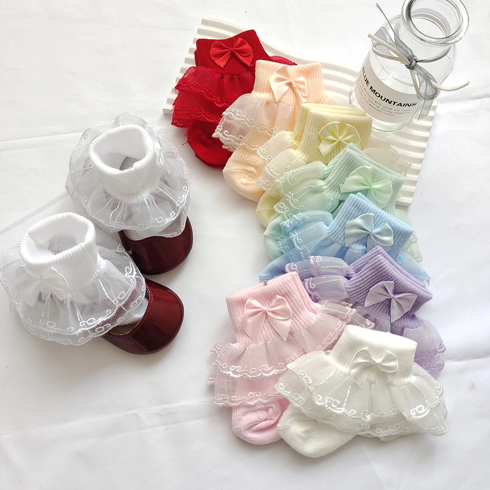 Newborn Baby Socken Lace Girls Ankle Socks Bows Toddlers Cotton Sock Cute Frilly Socks For Children Young Girls Dance Sock