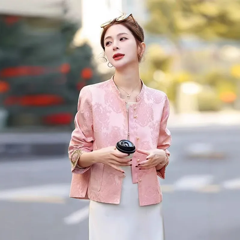 New Chinese Style Long Sleeved Short Jacket with Feminine Charm Versatile Pink Age Reducing Slimming Top Spring Small Cardigan