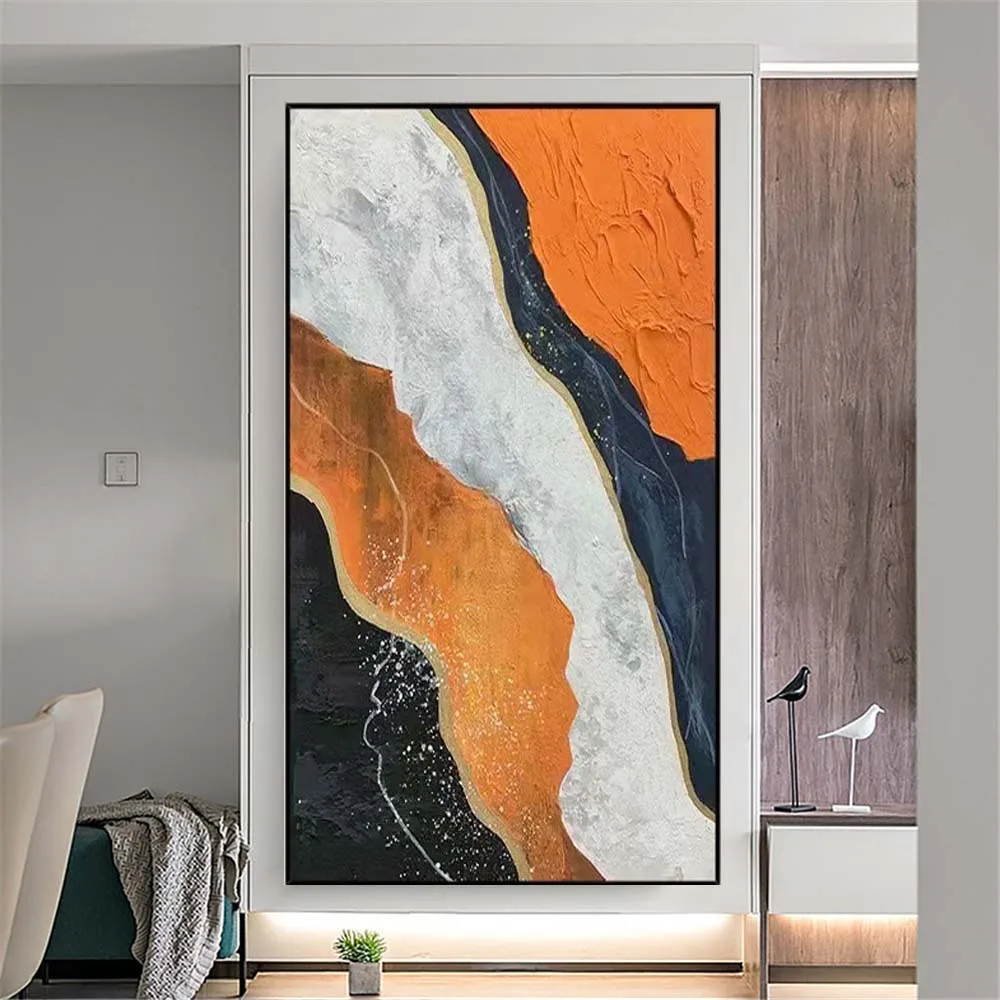 100% Handmade Orange Canvas Paint Gold Foil Landscape Art Oil Paintings Wall Pictures Trim Back Artwork For Living Room Decor