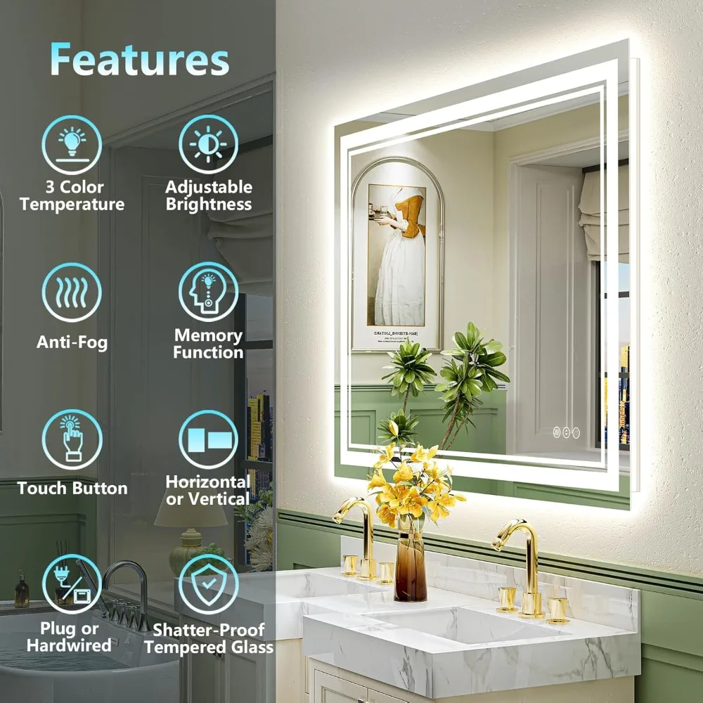 48x36 LED Mirror for Bathroom with Front and Backlit, Anti-Fog Lighted Vanity Mirror, Dimmable LED Bathroom Vanity Mirror