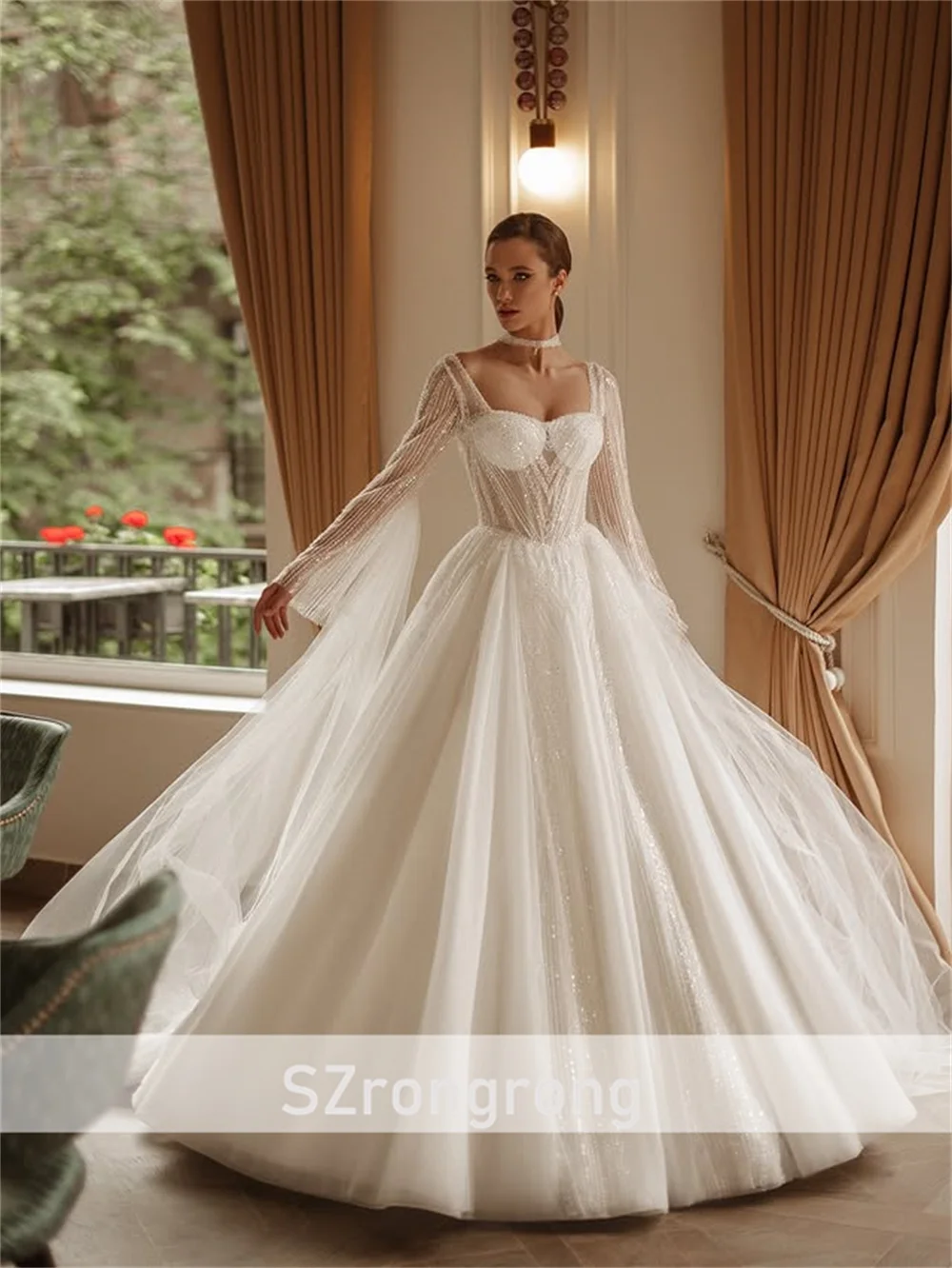 Brautkleid mit herzförmigem Kragen, Tüll, glänzend, mit Perlen verziert, Ballkleid, rückenfrei, Brautjungfernkleid mit abnehmbaren langen Ärmeln, individuell gestaltet