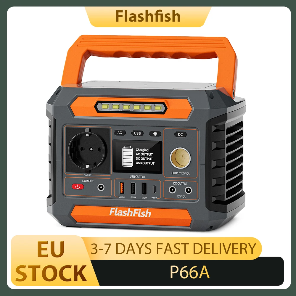 Station d'alimentation portable Flashfish P66A, capacité de 144,3 Wh, batterie de 39000 mAh, sortie AC 200 W, 8 sorties, USB-A/USB-C QC 18 W, entrée solaire 13-22 V, 3 méthodes de charge, lumière LED intégrée