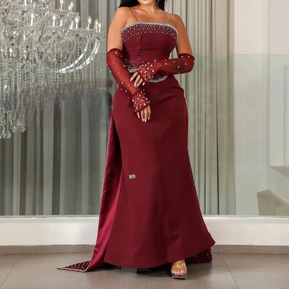 

Customized A-Line Prom Dresses Floor-Length Strapless Half Sleeve Evening Gown Fashion Beading Crystal Smple Draped Party Gown