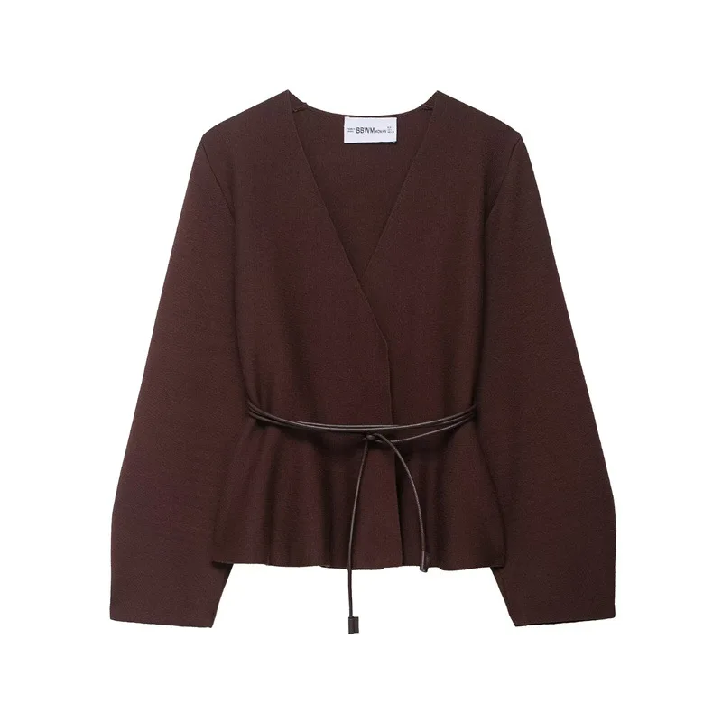 

2025 autumn new European and American style women's fashion casual loose belt knitted jacket