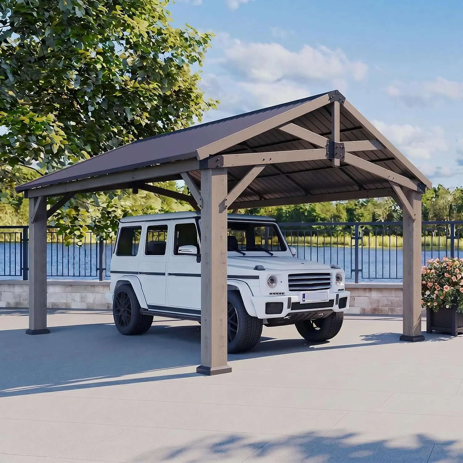12'x16' Cedar Wood Carport Heavy Duty Steel Top Gazebo Port All-Weather Wooden Pavilion Shelter Car Tractor, Customized