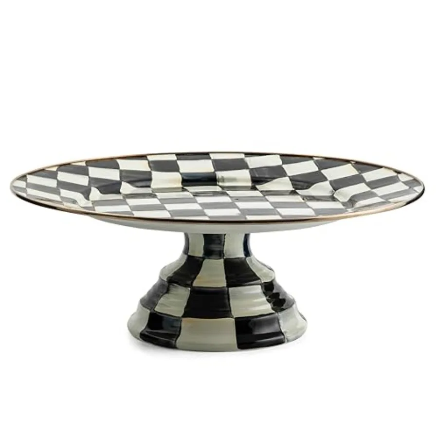 

Enamel Pedestal Platter, Round Cake Stand, Large, Black-and-White Courtly Check