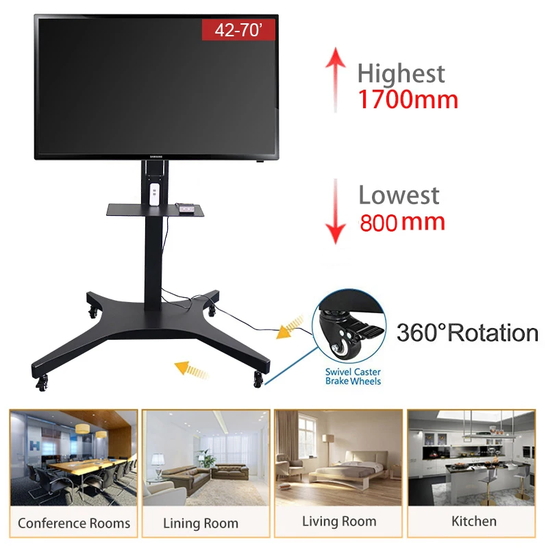 Ergonomic TV Lifting Bracket Cart Single Motor White Mobile TV Stand Automatic TV Trolley with Remote Controller