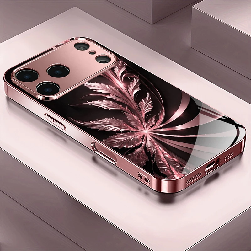

Rose Gold Leaves Pattern Metallic Tempered Glass Phone Case For iPhone 17 16 15 14 13 12 11 Pro Max 15 14 Plus 17 Air 17E Cover