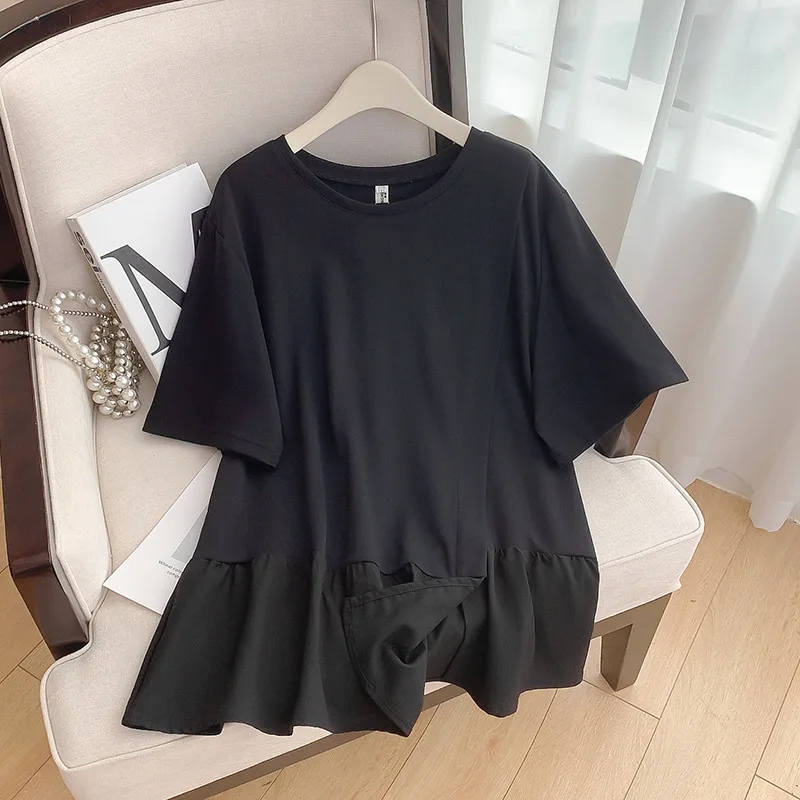 160Kg Plus Size Women\'s Bust 160 Summer Loose Round Neck Short Sleeve T-shirt Patchwork Top Black White 6XL 7XL 8XL 9XL 10XL