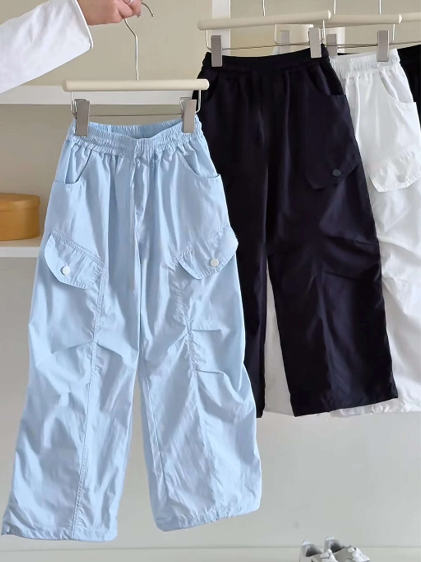 

Girls Loose Wide Leg Pants Summer Casual Loose Trousers for Kids in Light Blue Color Fashionable Long Trousers for Children