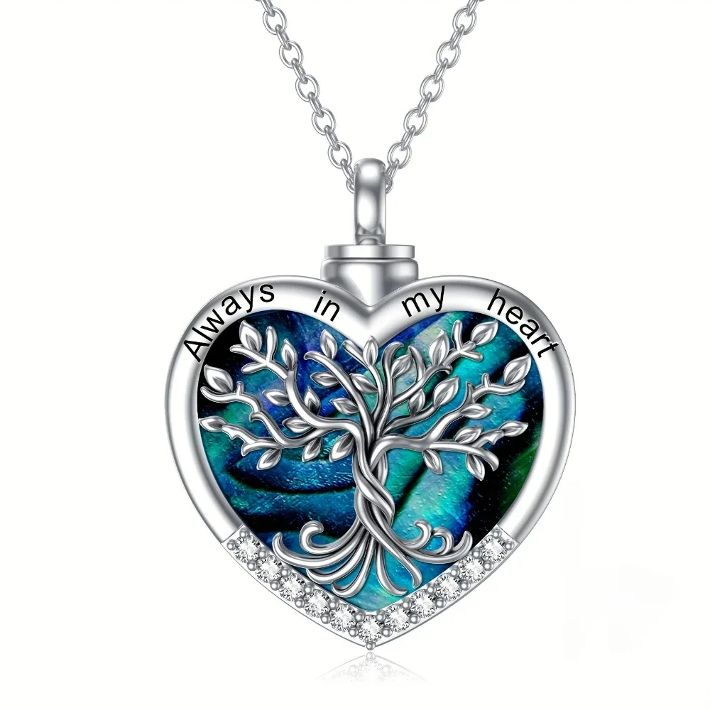1PC Sparkly Heart Tree of Life Memorial Pendant Necklace, Abalone Shell Embellished, Durable Stainless Steel Short Chain, Elegant Keepsake Jewelry, Trendy Women Accessory for Daily Casual Wear & Easter Gift