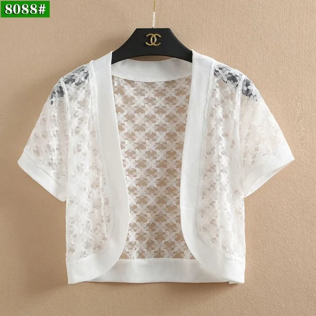 Abrigo de encaje para mujer, Tops cortos de verano, cárdigan blanco de manga corta, ropa de protección solar, ahuecado corto con aire acondicionado, sólido