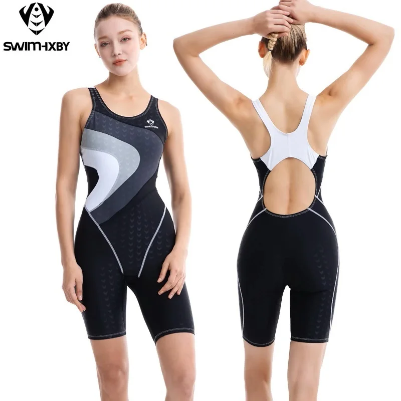 Sharkskin One Piece Swimsuit Knee-Length Racing Swimsuit Female Swimming Outfit HXBY Women Professional Sporty Swimwear