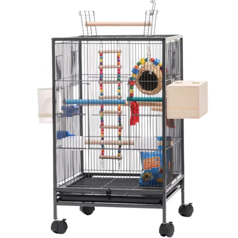 

Hot Sales 30 Inch Height Luxury Interactive Wrought Iron Bird Cage With Rolling Stand Breeding For Parrot Pet
