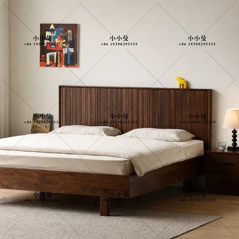North American Black Walnut Solid Wood Double Bed Nordic Style Cherry Wood Log Bedroom Floating Retro Design