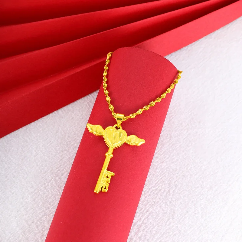 2026 Women's Faux Gold Sand Gold Love Heart Wing Key Pendant Necklace Korean Style Fashion Long Lasting Non Tarnish Jewelry For