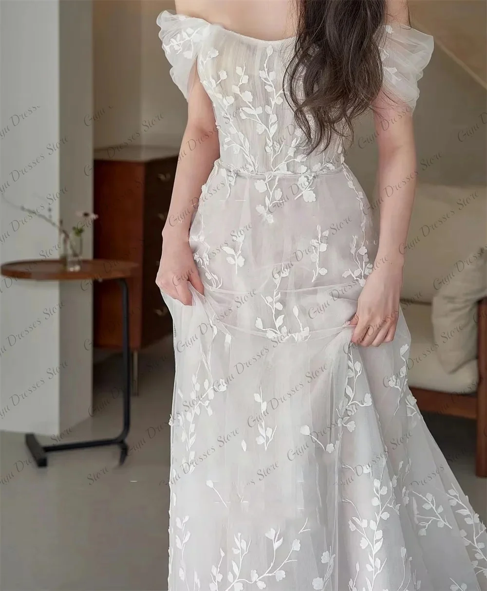 Giyu Simple Prom Dresses Off Shoulder Korea Wedding Photo Shoot  A Line Customised Lace Appliques Bridal Gown Customized