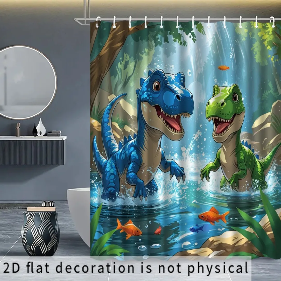 2D Flat, 2D Flat, 2D Flat Shower Curtain 1pc, Playful Dinosaur Pattern Print, Suitable for Home Bathroom Decor, with 12pcs Hooks